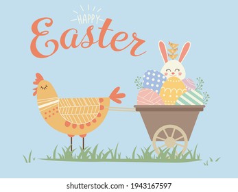 Happy Easter vector illustrations of bunnies, chicken and eggs. Easter lettering. Promotion and shopping template for Easter. Easter card.