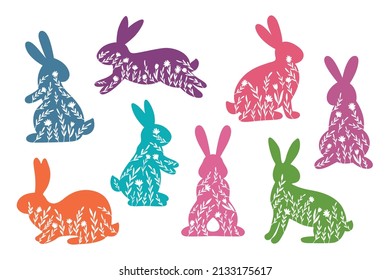 Happy Easter vector illustrations of bunnies, rabbits icons, decorated with flowers, floral, wildflowers. Holiday greeting card. Cartoon farmhouse animals clipart.