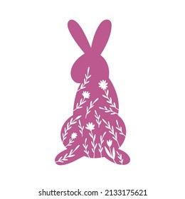 Happy Easter vector illustrations of bunnies, rabbits icons, decorated with flowers, floral, wildflowers. Holiday greeting card. Cartoon farmhouse animals clipart.