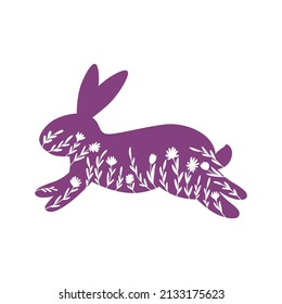 Happy Easter vector illustrations of bunnies, rabbits icons, decorated with flowers, floral, wildflowers. Holiday greeting card. Cartoon farmhouse animals clipart.