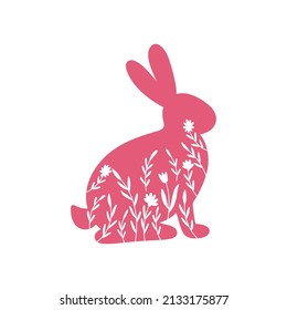 Happy Easter vector illustrations of bunnies, rabbits icons, decorated with flowers, floral, wildflowers. Holiday greeting card. Cartoon farmhouse animals clipart.