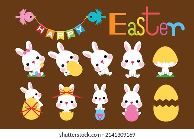 Happy Easter vector illustrations of bunnies, rabbits, Easter egg, birds and bunting for Easter card, banner, greeting cards, posters, holiday cover. 