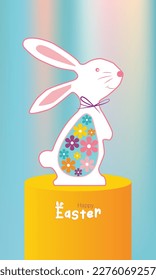 Happy Easter vector illustrations of bunnies, rabbits icons, decorated with flowers, card