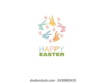 
Happy Easter vector illustrations of bunnies, rabbits icons, decorated with flowers and eggs