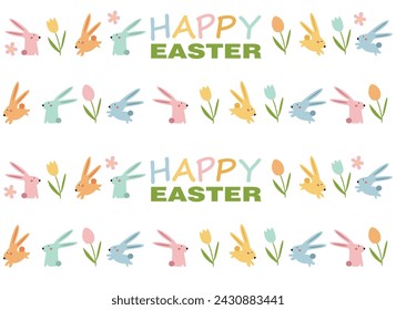 
Happy Easter vector illustrations of bunnies, rabbits icons, decorated with flowers and eggs