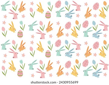 
Happy Easter vector illustrations of bunnies, rabbits icons, decorated with flowers and eggs