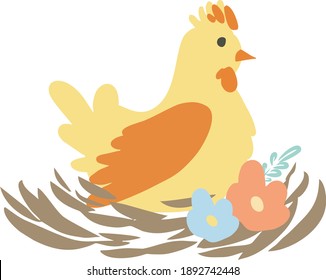 Happy Easter vector illustrations . chicken with eggs icons decorated with flowers on a white background . Chicken in the nest on a white background