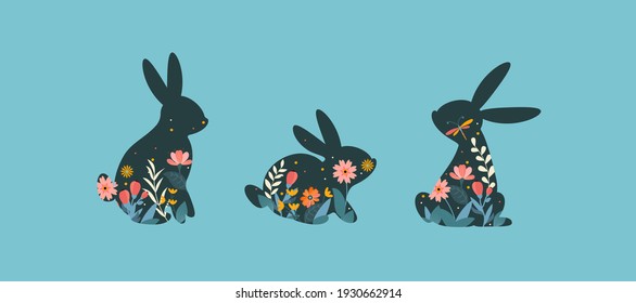 Happy Easter vector illustrations with dark blue bunnies, rabbits decorated with flowers on light blue background. Easter bunnies.