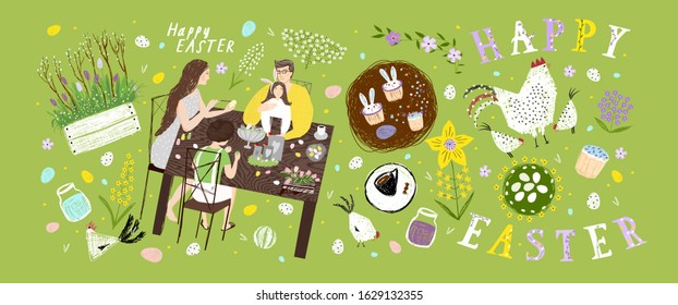 Happy easter! Vector illustrations of holiday objects: families decorating eggs at the table, hens, chickens, paints, flowers and a nest. Drawings for poster, card or background
 
