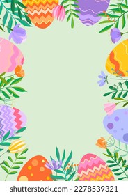Happy Easter vector illustrations. Trendy Easter design frame with flowers and eggs in soft colors.