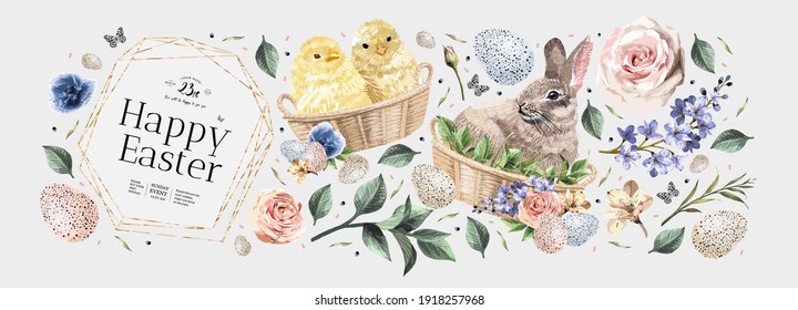 Happy Easter! Vector illustrations of watercolor cute bunny, chick, flowers, plants and greeting frame. Pictures and objects for poster, invitation, postcard or background