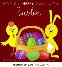 happy Easter. Vector image with Easter eggs in a basket, rabbit and chicken on a dark background for banner, postcard, greetings