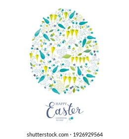 Happy Easter. Vector image for posters, banners, flyers or cards with Easter floral egg and spring flowers. Greetings and presents for Easter Day. Promotion and shopping template with lettering design