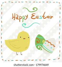 Happy easter vector invitation postcard. Best for kids and family. With baby chicken and eggs.