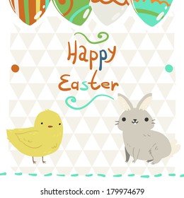 Happy easter vector invitation postcard. Best for kids and family. With baby chicken, rabbit and eggs.