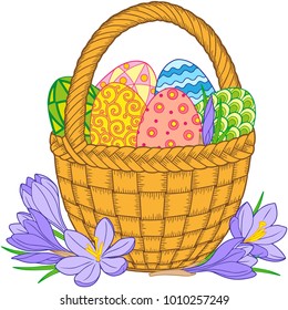 Happy Easter. Vector isolated elements. Card of crocuses and Bright easter eggs in the basket isolated on white background. Vector isolated elements. 