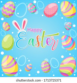 Happy Easter! Vector isolated illustration with eggs and lettering text on blue background. 
