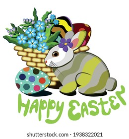 Happy Easter! Vector isolated illustration including flowers, eggs and little bunny