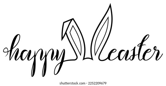 Happy Easter vector lettering in Black with Bunny Ear. White isolated background.