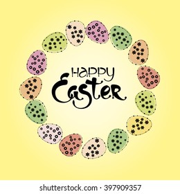 Happy Easter vector lettering. Card template. Spring flowers layout