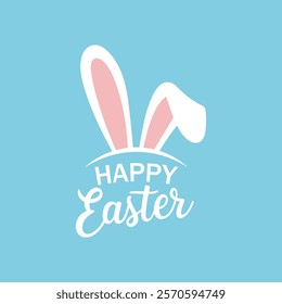 Happy Easter vector lettering design. Beautiful hand drawn text banner. Blue background with cute bunny rabbit ears. Congratulatory card.