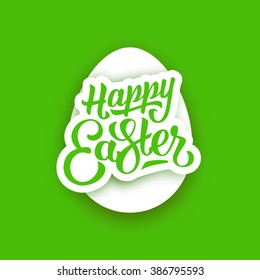 Happy Easter vector lettering and egg shape. Paper label design with typographic text isolated on green background