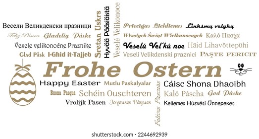 Happy Easter vector lettering. European Union languages with egg and rabbit in black and gold
. White back.
German Frohe Ostern and all Other text is Happy Easter in English.