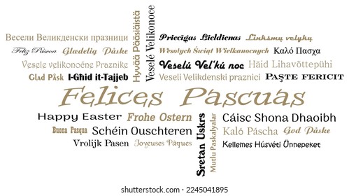 Happy Easter vector lettering. European Union languages in black and gold. White back.
Spanish Felices Pascuas and all Other text is Happy Easter in English.