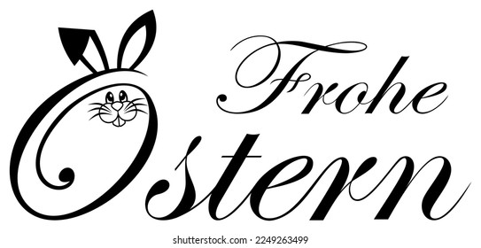 Happy Easter vector lettering in German language in Black with Bunny. White isolated background.
A proper designed Easter greeting Ornament.