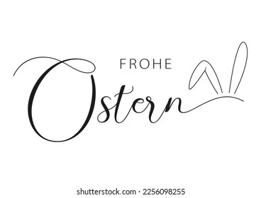 Happy Easter vector lettering in German with bunny ears. Isolated on white background. Vector illustration.