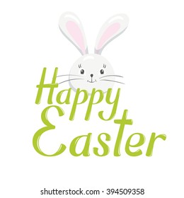 "Happy Easter" vector lettering isolated on white background. Text illustration. Word and bunny. Poster