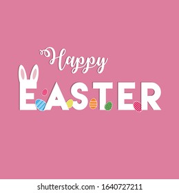 Happy Easter. Vector lettering with rabbit's ears and colorful eggs. Elements isolated on pink background,