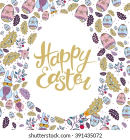 Happy Easter vector lettering. Typographical Background with decoration text and chicks, flowers,  eggs and rabbit. Letters elements illustration. Vintage stylegreeting card.  Hand lettering style