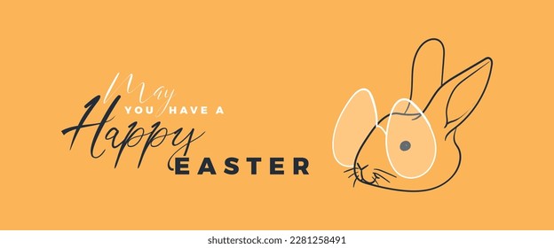 Happy Easter vector line art bunny rabbit with eggs glasses on yellow spring background. Playful font mix for horizontal poster, greeting card, header for website, banner, ads, cards, print projects. 