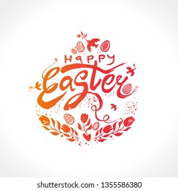 Happy Easter vector logo sketch hand drawn Easter eggs and flowers. Modern calligraphy. Beautiful vintage decor of spring flowers. Template for design of cards, invitation, covers, etc.
