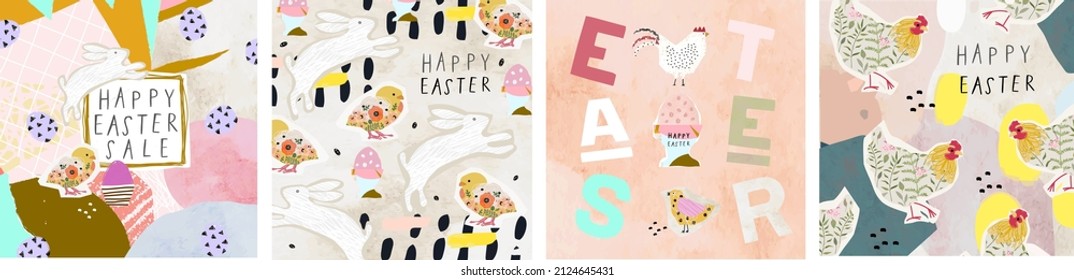 Happy easter! Vector modern abstract illustration of eggs, chicken, hare, hen, lettering. Drawings for card, invitation, congratulations, sale and background
