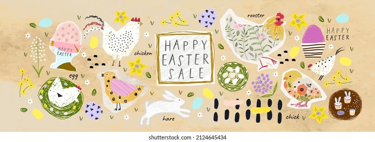 Happy Easter! Vector modern illustrations of cute objects and elements: chicken, nest, decorations, hen, rooster, rabbit, hare, abstract spots, lettering, easter decor