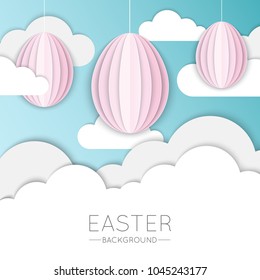 Happy Easter Vector Paper Cut Illustration with Eggs and Clouds for use in design. Trendy Origami Abstract Background.