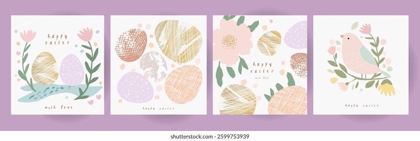 Happy Easter. Vector pastel elegant delicate illustration of easter eggs, bird, flower, pattern for greeting card with gold, frame, background, poster or invitation
