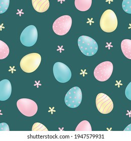 Happy Easter vector pattern and banner template with Easter eggs on green background. Greeting and presents for Easter Day in flat lay styling. Creative holiday composition.