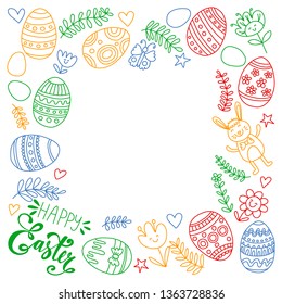 Happy Easter. Vector pattern with eggs, bunny, flowers.
