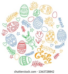 Happy Easter. Vector pattern with eggs, bunny, flowers.