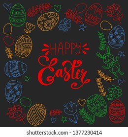 Happy Easter. Vector pattern with eggs, bunny, flowers.