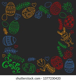 Happy Easter. Vector pattern with eggs, bunny, flowers.