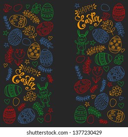 Happy Easter. Vector pattern with eggs, bunny, flowers.