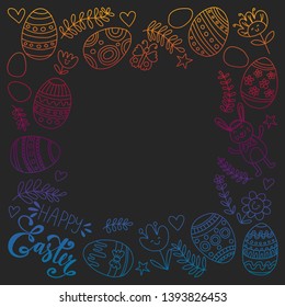 Happy Easter. Vector pattern with eggs, bunny, flowers.