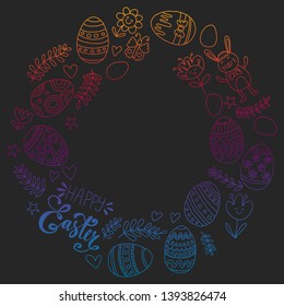 Happy Easter. Vector pattern with eggs, bunny, flowers.