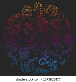 Happy Easter. Vector pattern with eggs, bunny, flowers.