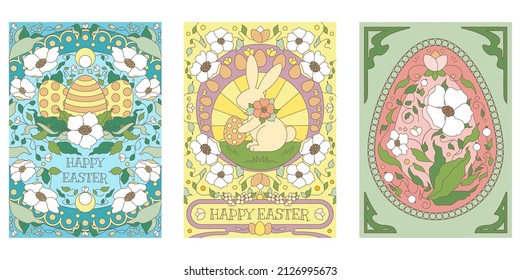 Happy Easter vector postcards with a cute rabbit, eggs and flowers. Floral illustration for greetings, postcards, banners, invitations in old, vintage, art nouveau style. Floral vector ornament in pas