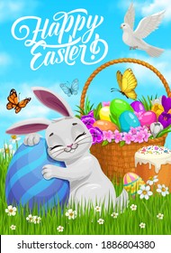 Happy Easter vector poster, cartoon bunny hug painted egg on meadow with basket full of flowers stand on green grass, dove and butterflies. Easter holidays postcard with cute rabbit and decorated eggs